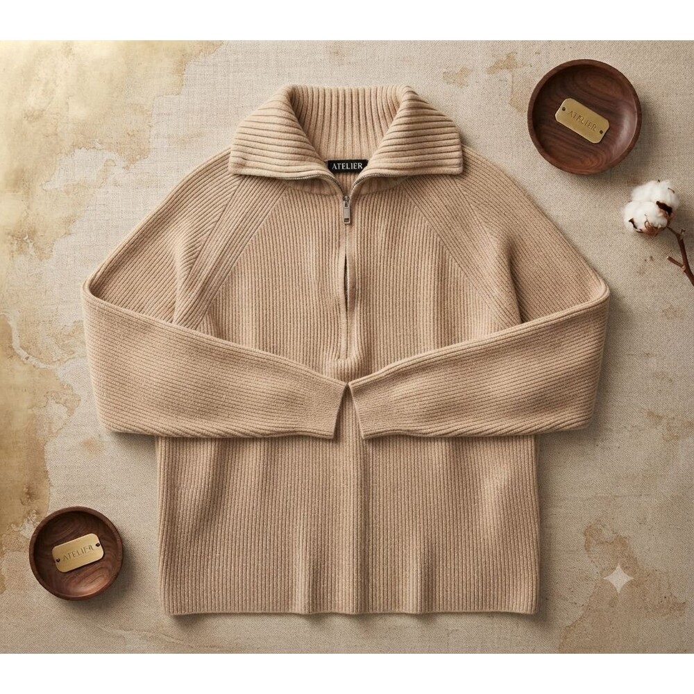 BTFBM Women’s S Quarter Zip Sweater Beige Ribbed Knit Soft Half Zip Pullover Top